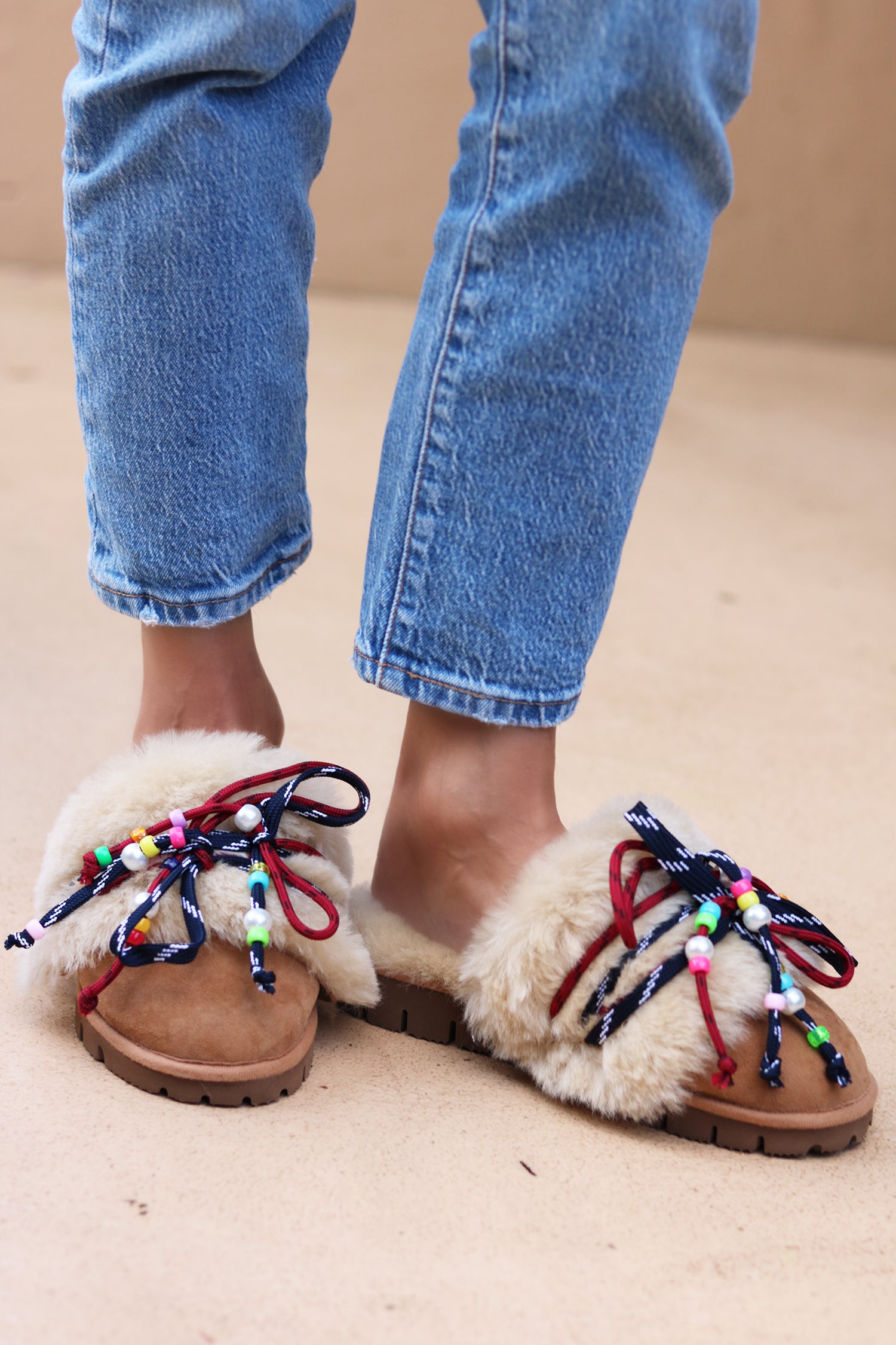 CARRIE NAVY, shearling mules