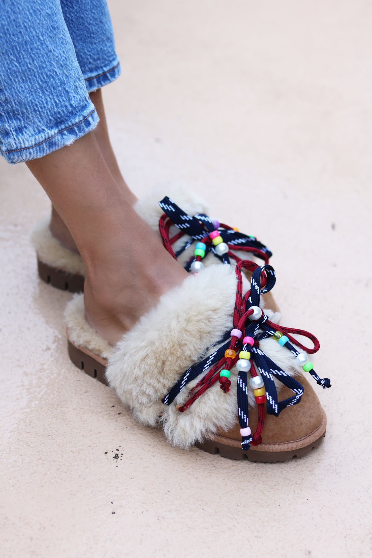 CARRIE NAVY, shearling mules