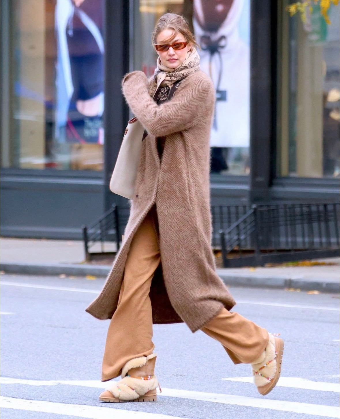 Gigi Hadid Spotted in New York Wearing Alameda Turquesa's Iconic Leo Shearling Boots