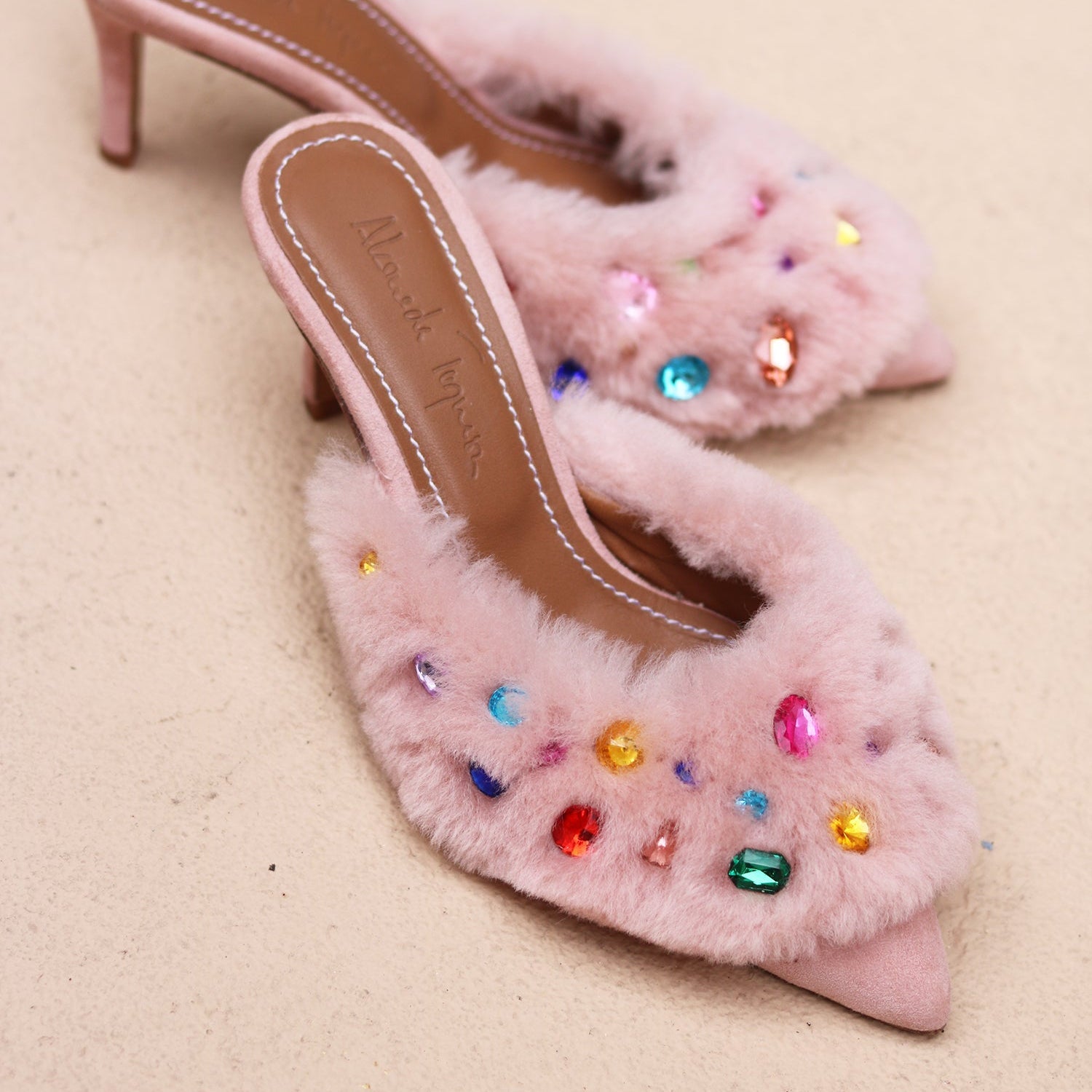 Jasmine Pink and Cream gem shearling mules handmade in Portugal