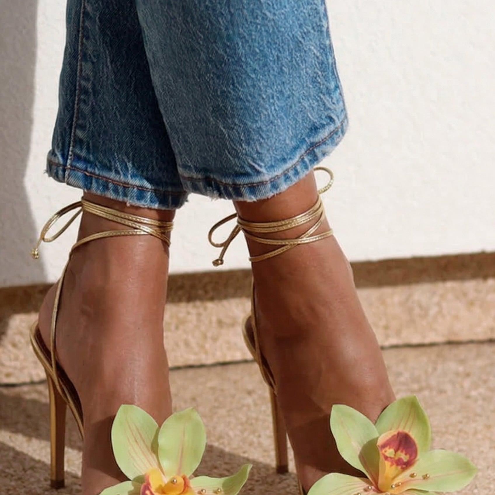 Prudence Gold flower heels full view — gold lace-up stiletto sandals with handcrafted orchid embellishment, luxury heels by Alameda Turquesa Portugal