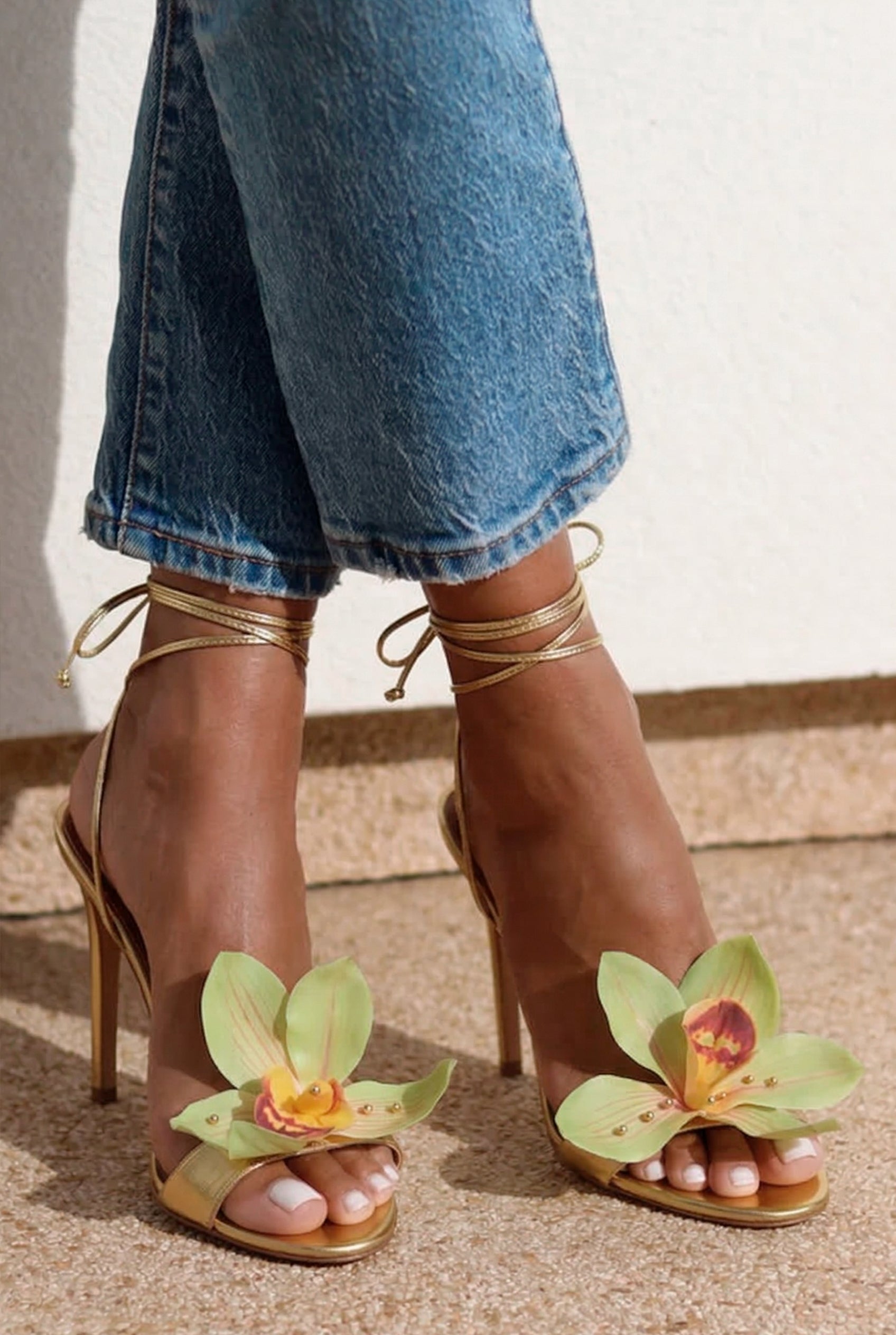 Prudence Gold flower heels full view — gold lace-up stiletto sandals with handcrafted orchid embellishment, luxury heels by Alameda Turquesa Portugal
