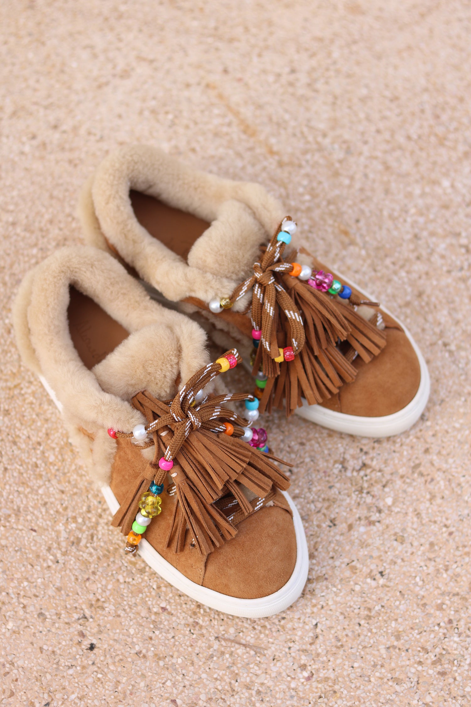 Zoe luxury suede sneakers with multicoloured bead embellishments and decorative tassel laces