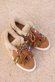 Zoe luxury suede sneakers with multicoloured bead embellishments and decorative tassel laces