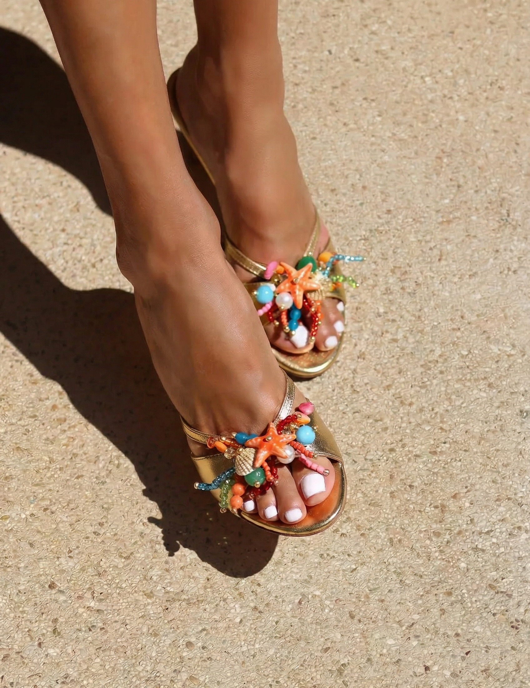 Bahamas mules close front view on both feet — gold leather mid-heel open-toe mules with hand-painted starfish, natural shells, pearl and multicolour bead embellishments in coral, turquoise and pink, shot in sunlight on sand, handcrafted in Portugal by Alameda Turquesa