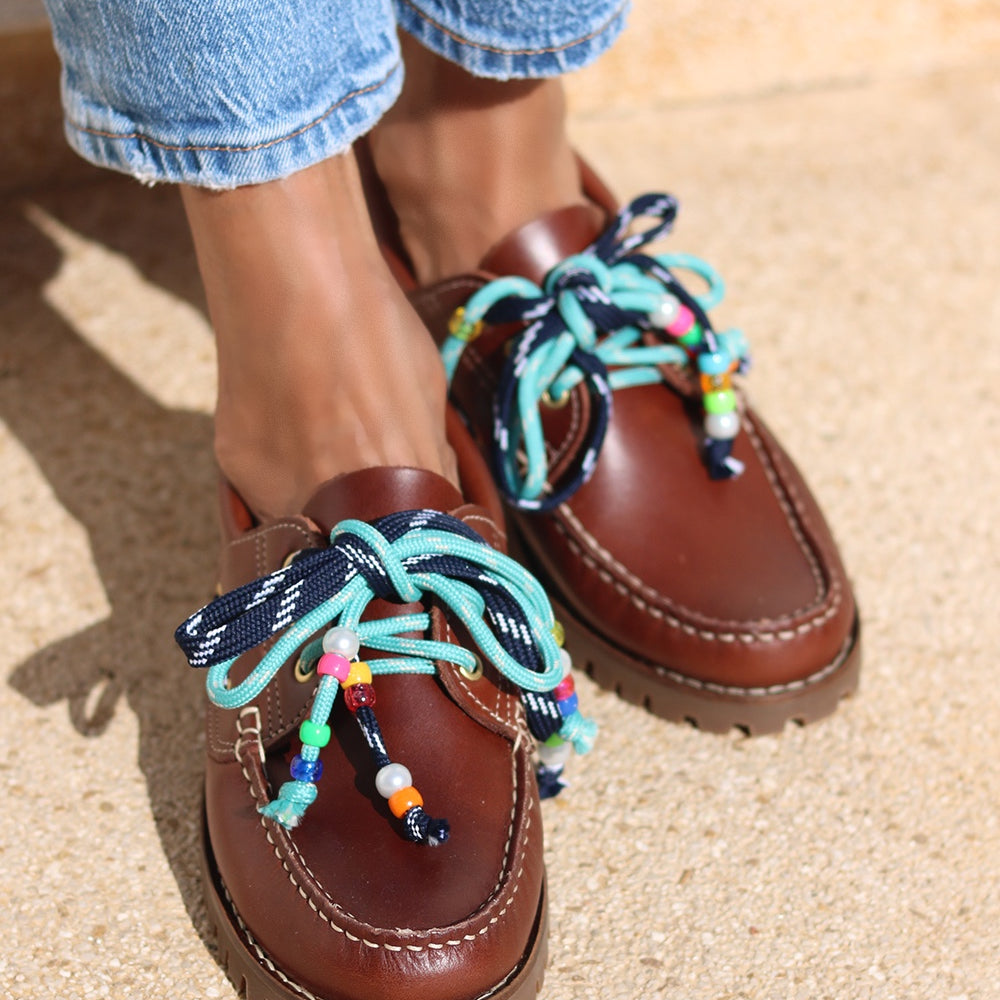 Ben chunky leather boat shoes — tan leather with handcrafted multicolour beaded laces, chunky sole, luxury boat shoes handcrafted in Portugal by Alameda Turquesa
