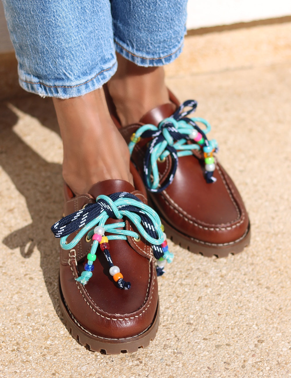 Ben chunky leather boat shoes — tan leather with handcrafted multicolour beaded laces, chunky sole, luxury boat shoes handcrafted in Portugal by Alameda Turquesa