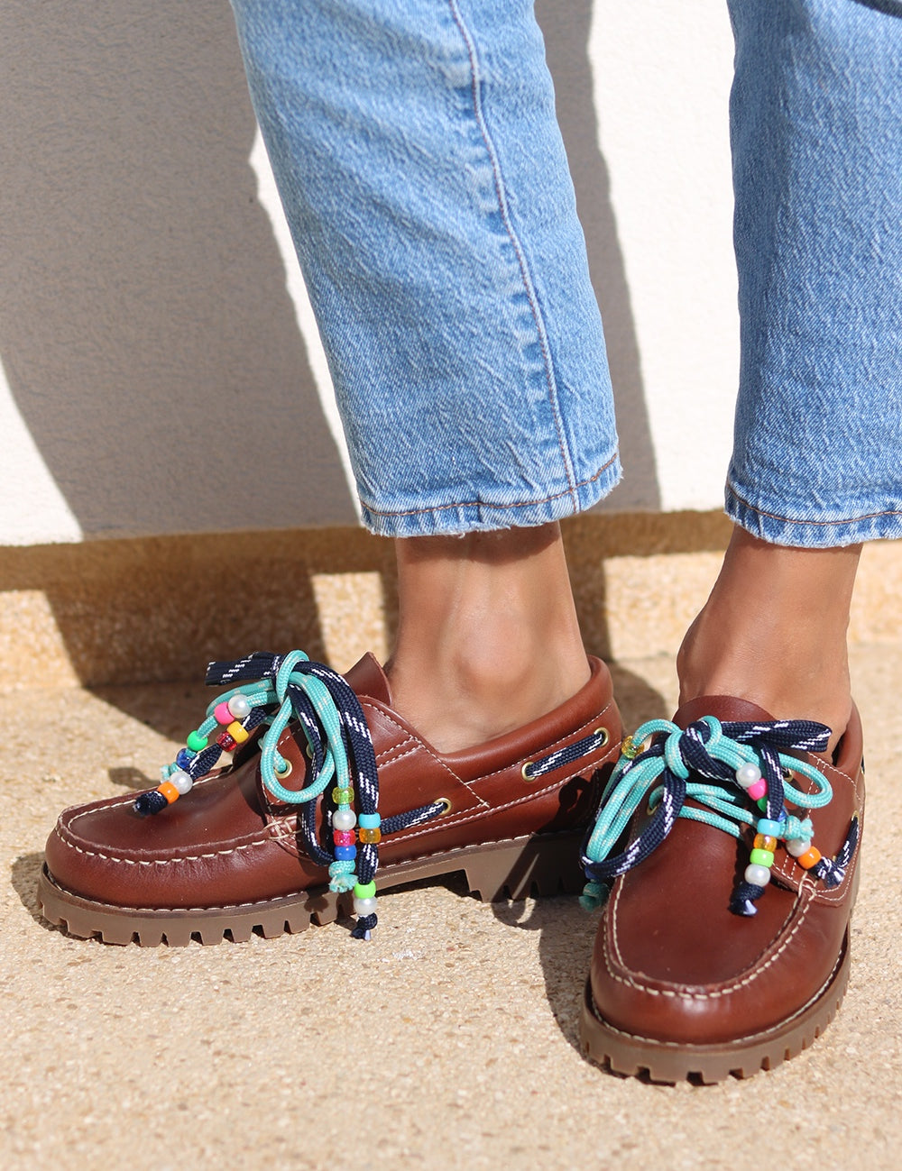 Ben chunky leather boat shoes top view — tan leather boat shoes with handcrafted multicolour beaded laces and chunky sole, handcrafted in Portugal by Alameda Turquesa