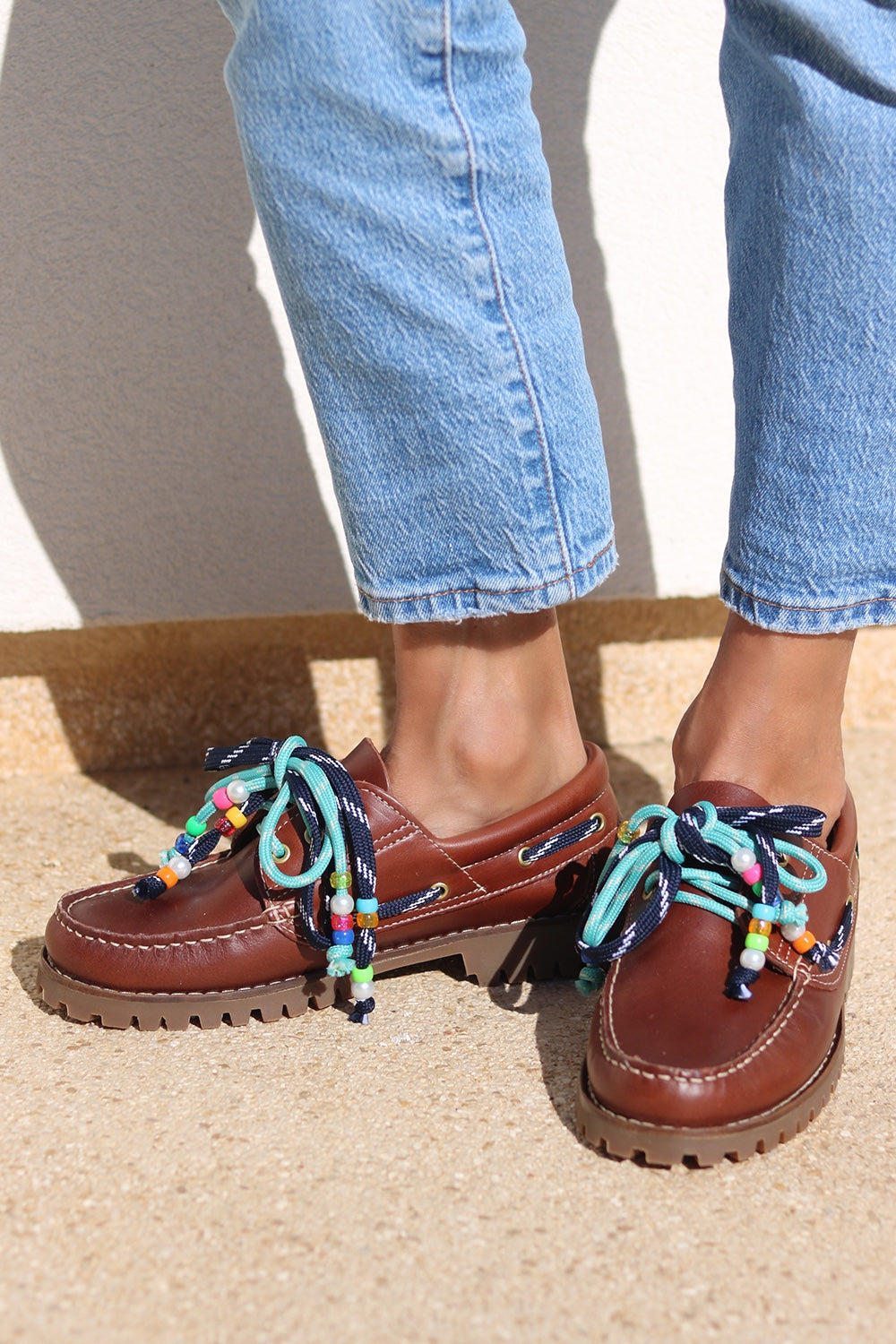 Ben chunky leather boat shoes top view — tan leather boat shoes with handcrafted multicolour beaded laces and chunky sole, handcrafted in Portugal by Alameda Turquesa