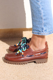 Ben chunky leather boat shoes side view — tan leather boat shoes with handcrafted multicolour beaded laces and chunky rubber sole, luxury shoes by Alameda Turquesa Portugal
