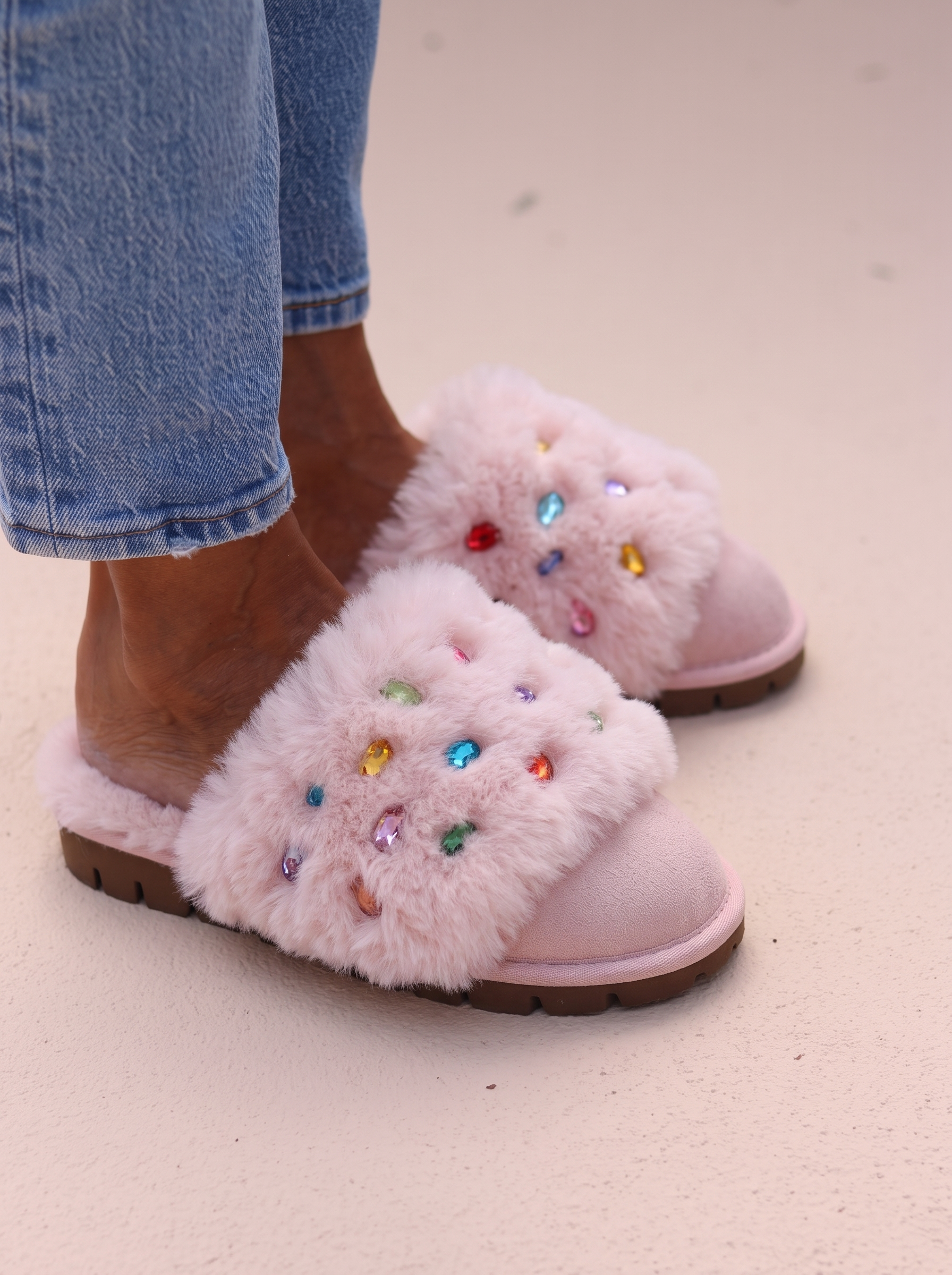 Jasmin Pink cosy shearling slippers with gem details by Alameda Turquesa