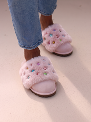Pink shearling slip-on slippers with multicolour gems and rubber sole