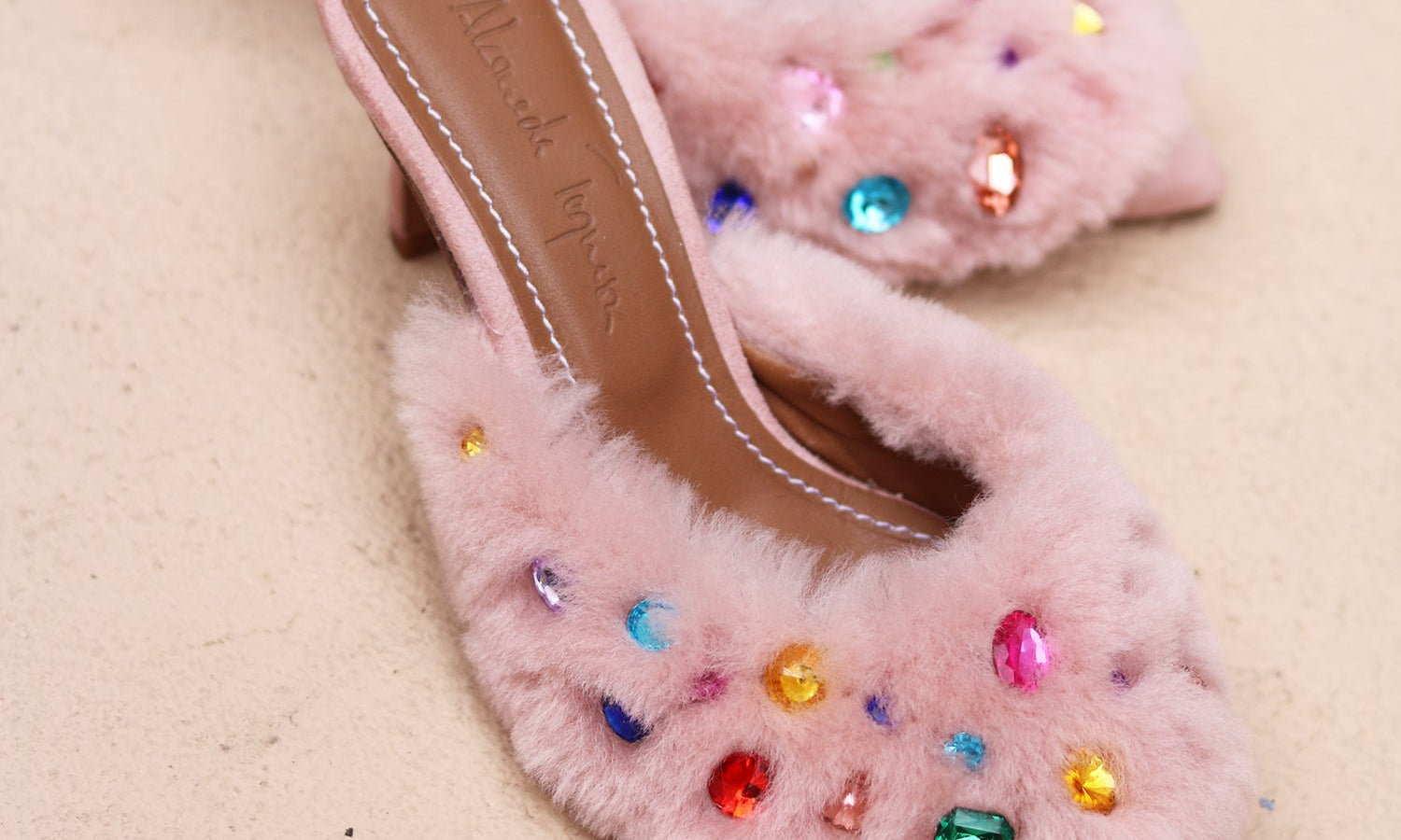 Jasmine Pink shearling heel mule flat lay — pink pointed toe shearling heel mule with multicoloured gemstone embellishments and Alameda Turquesa insole, handmade in Portugal by Alameda Turquesa