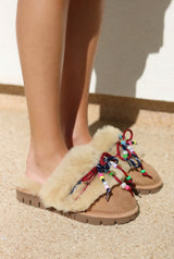 CARRIE NAVY, shearling mules