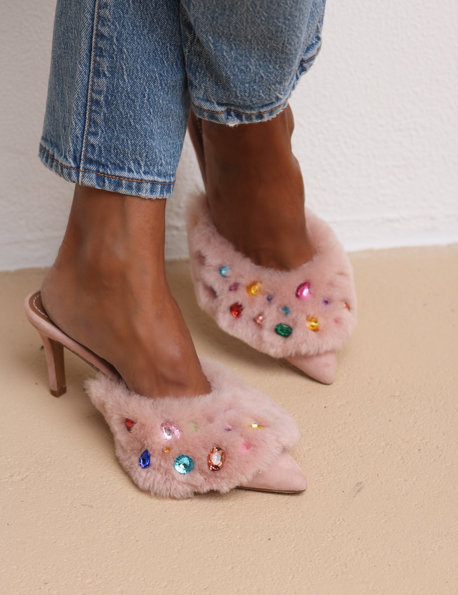 Jasmine Pink pointed-toe shearling mules with colourful gems