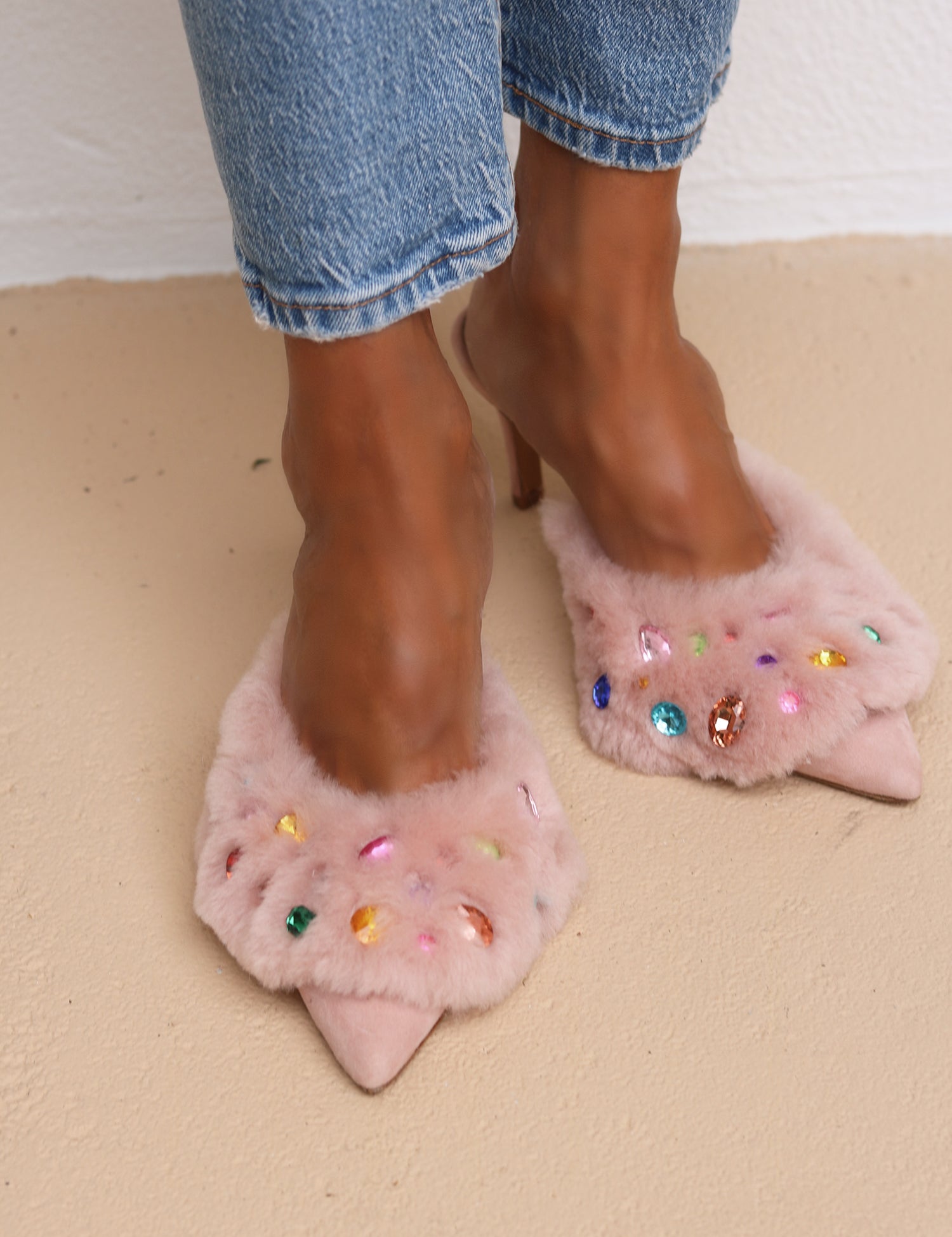 Jasmine Pink gem shearling mules by Alameda Turquesa
