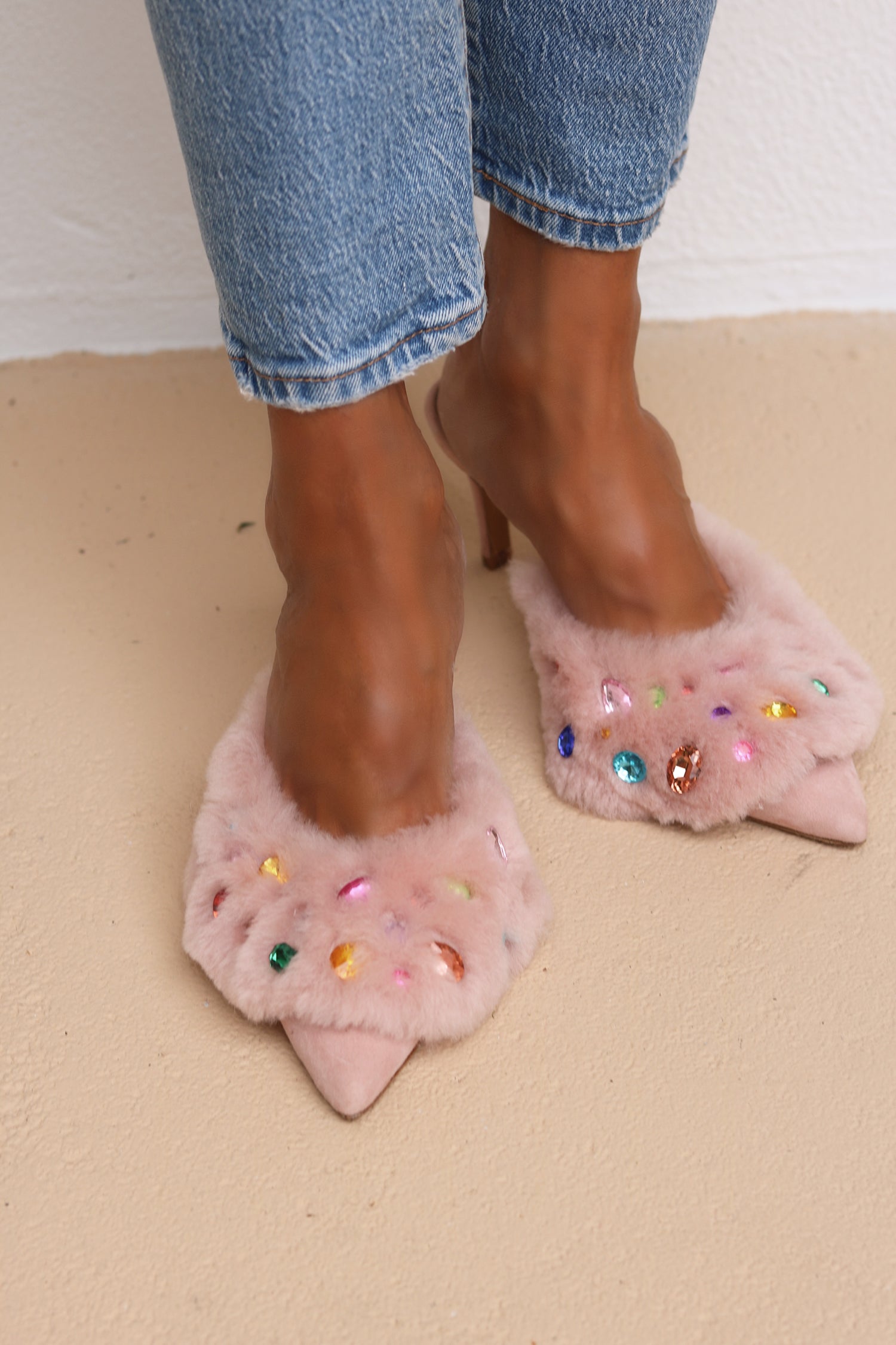 Jasmine Pink gem shearling mules by Alameda Turquesa