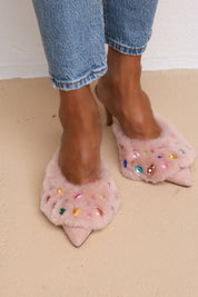 Jasmine Pink gem shearling mules by Alameda Turquesa