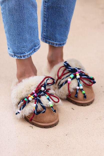 CARRIE NAVY, shearling mules