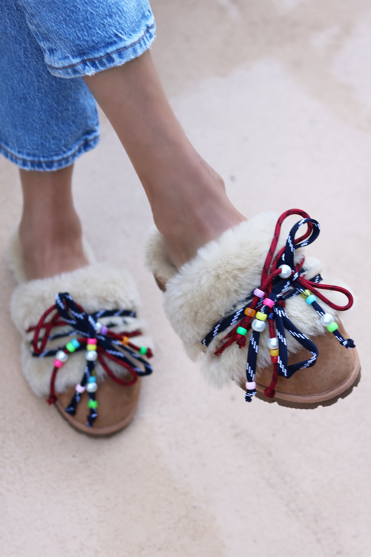 CARRIE NAVY, shearling mules