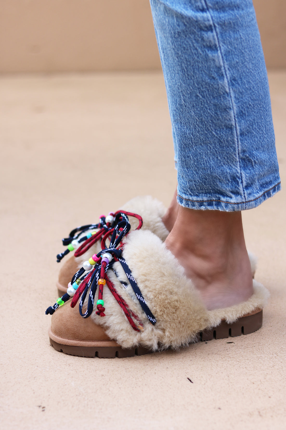 CARRIE NAVY, shearling mules