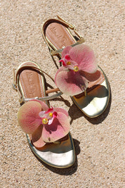 Constance flat sandals flat lay on sand — gold leather toe-post flat sandals with oversized handcrafted orchid embellishments in blush pink and fuchsia, Alameda Turquesa leather insole, handcrafted in Portugal by Alameda Turquesa