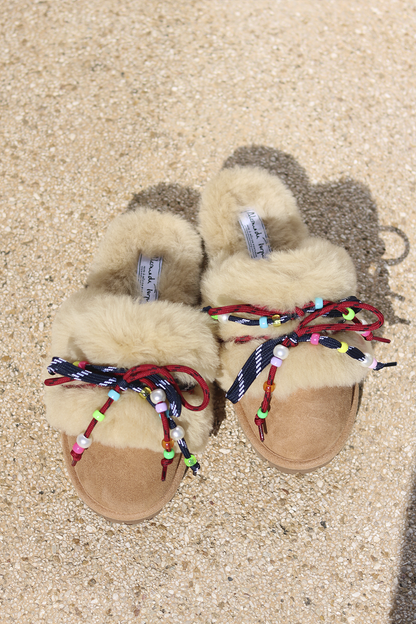 CARRIE NAVY, shearling mules