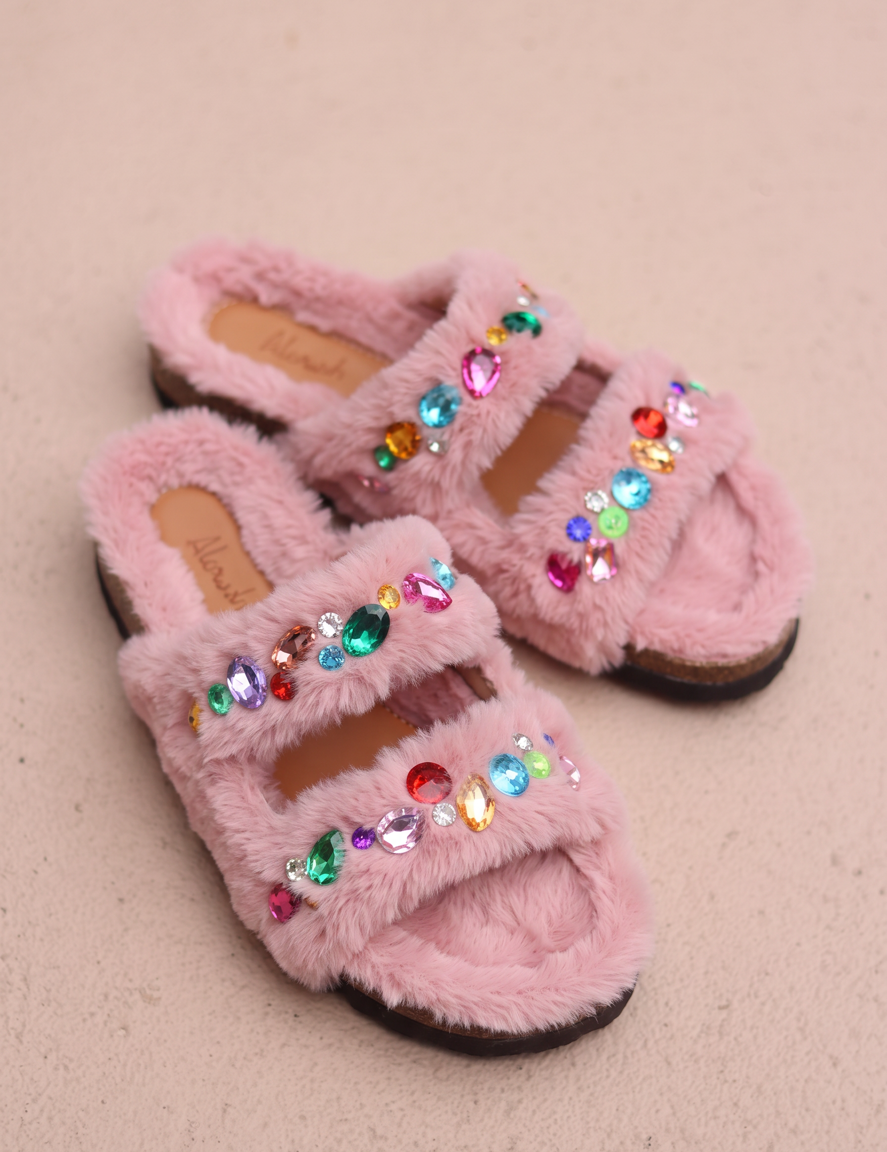 Yasmin Pink genuine shearling sandals with colourful gem