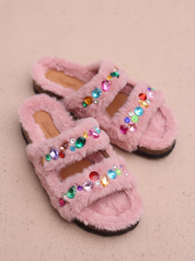 Yasmin Pink genuine shearling sandals with colourful gem