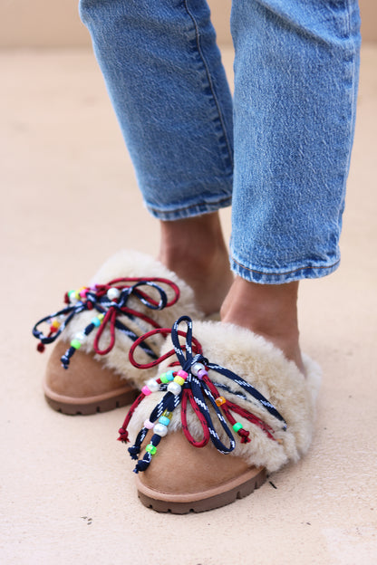 CARRIE NAVY, shearling mules