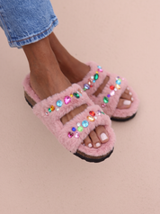Pink double-strap shearling sandals handmade in Portugal with colourful gems