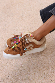 Zoe luxury suede sneakers with multicoloured bead embellishments and decorative tassel laces