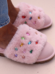 Jasmin Pinctada flat shearling mule detail shot — pink shearling with multicoloured gemstone embellishments close-up, handmade in Portugal by Alameda Turquesa