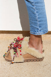Lola shearling loafer side view — multicolour beaded laces and leather tassels detail, handcrafted in Portugal by Alameda Turquesa