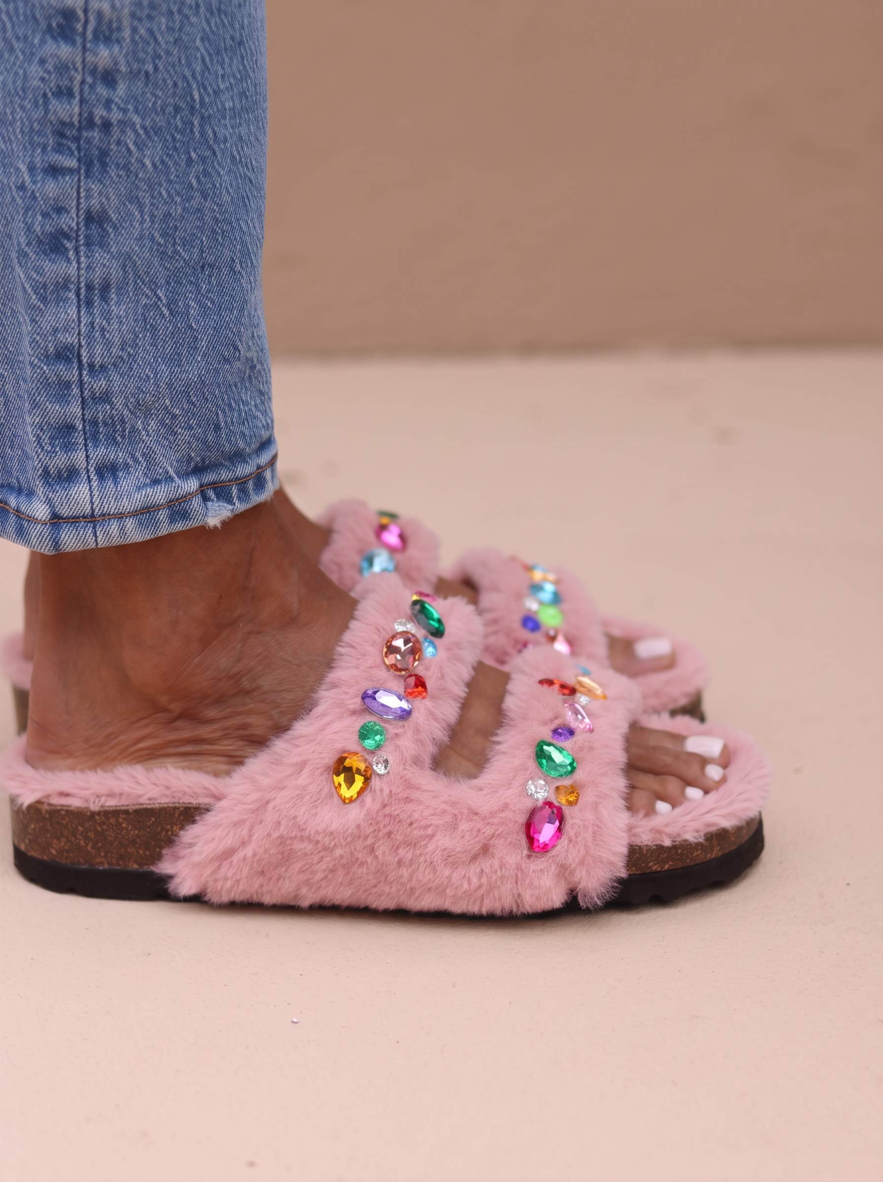 Alameda Turquesa pink shearling flat sandals with multicolour gems