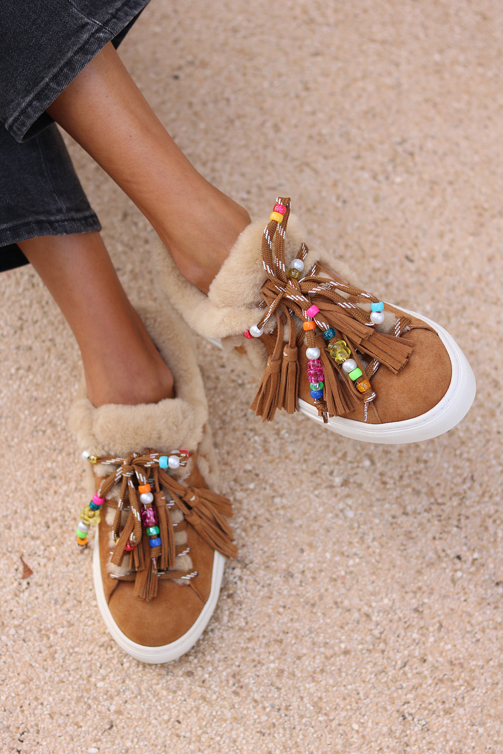 Zoe luxury suede sneakers with multicoloured bead embellishments and decorative tassel laces