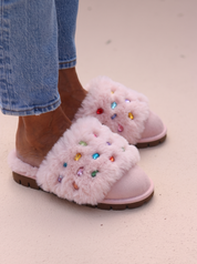 Jasmin Pinctada flat shearling mule being worn, front view — pink shearling mule with multicoloured gemstone embellishments, handmade in Portugal by Alameda Turquesa