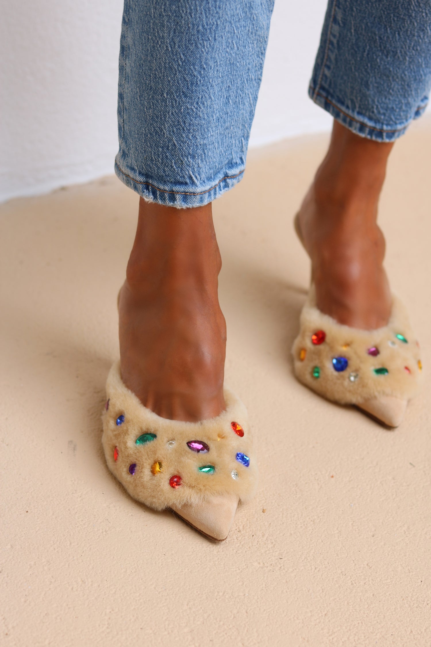 Jasmine Cream pointed-toe shearling mules with colourful gems