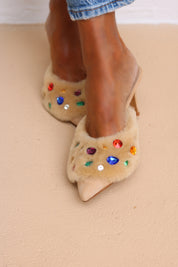Colourful gem embellishments on Jasmine Cream shearling mules