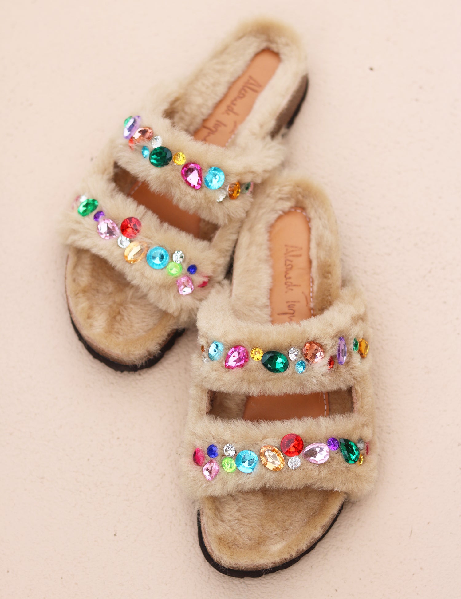Cream double-strap shearling sandals with multicolour gems