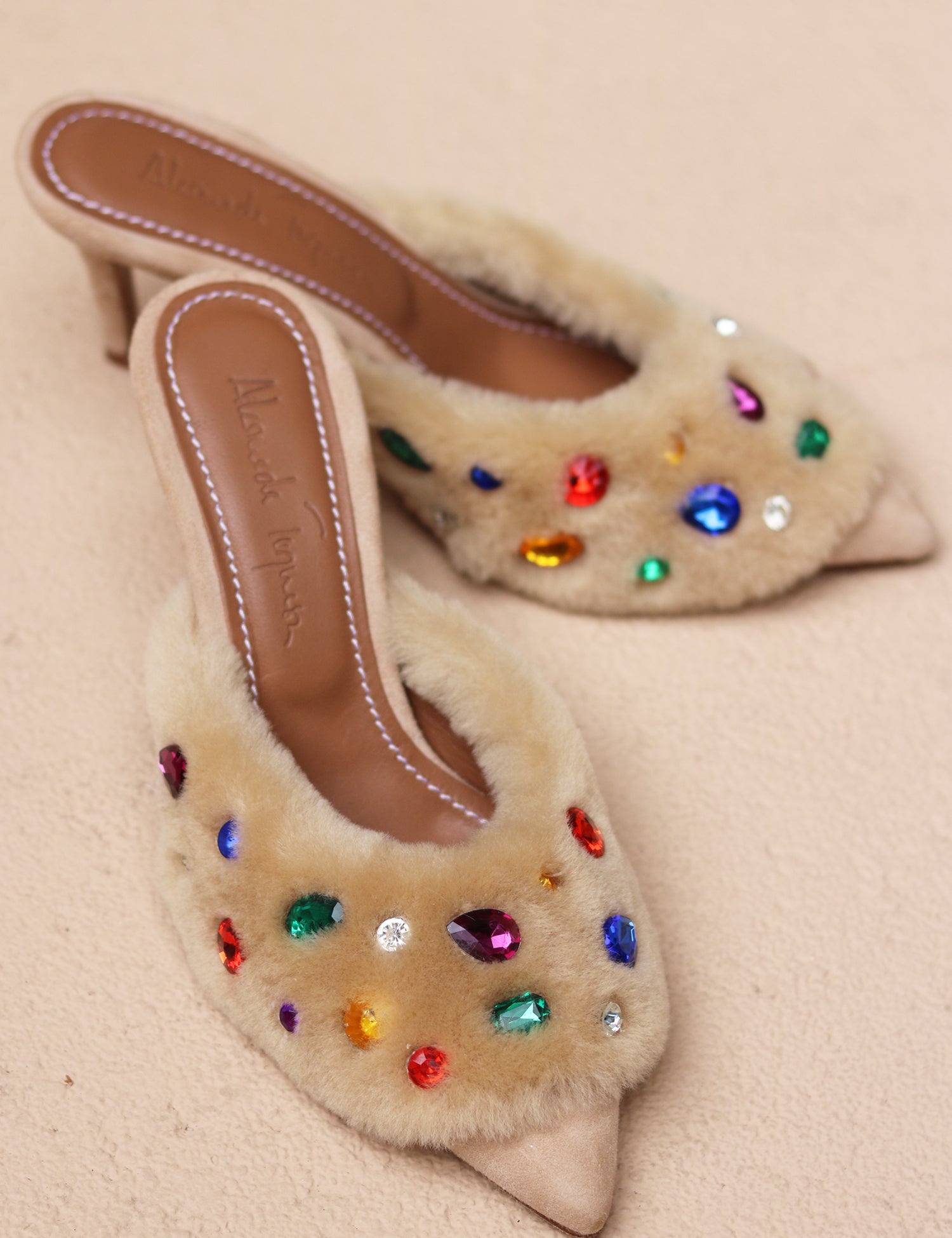 Jasmine Cream gem shearling mules by Alameda Turquesa
