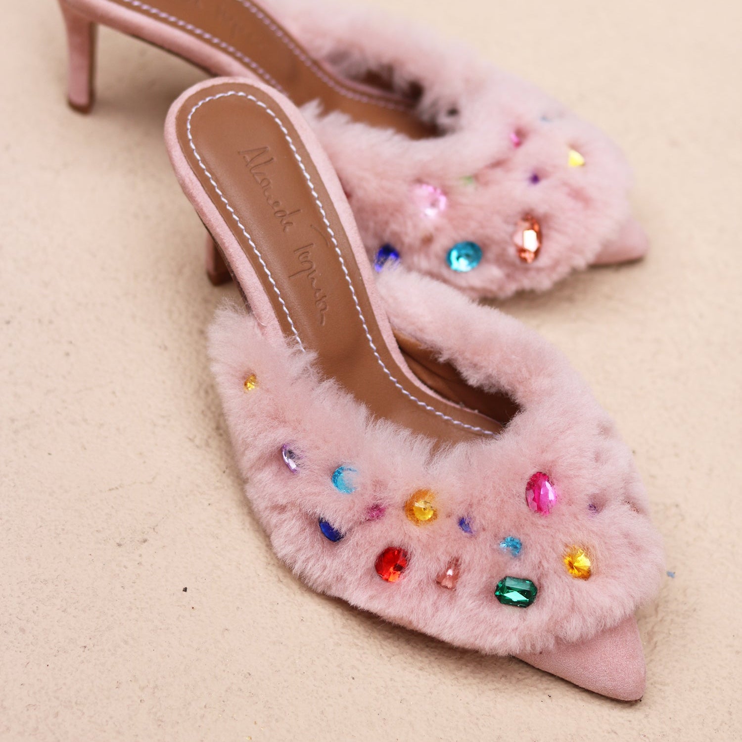 Jasmine Pink and Cream gem shearling mules handmade in Portugal