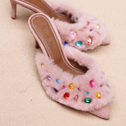 Jasmine Pink and Cream gem shearling mules handmade in Portugal