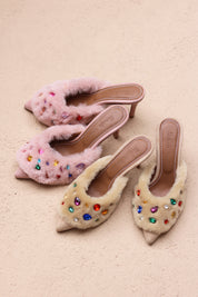 Jasmine Pink and Cream gem shearling mules handmade in Portugal