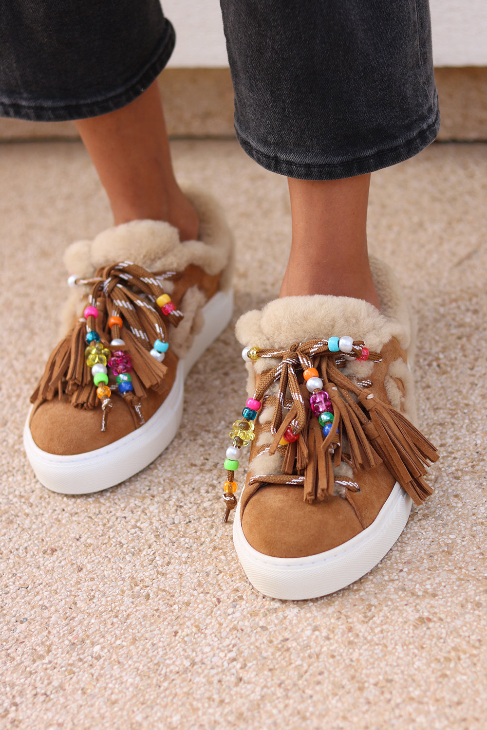 Zoe luxury suede sneakers with multicoloured bead embellishments and decorative tassel laces