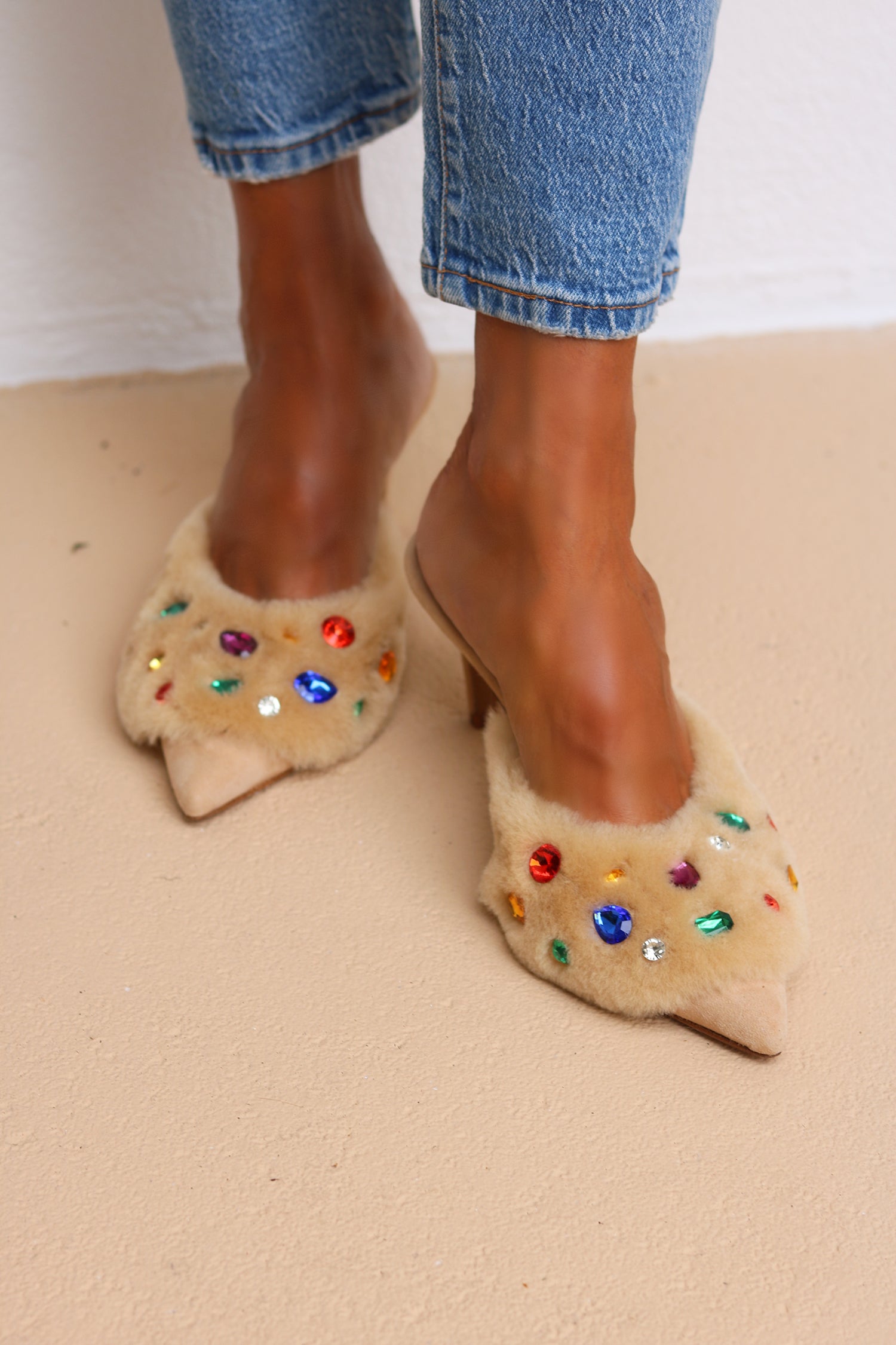 Jasmine Cream gem mules handmade in Portugal