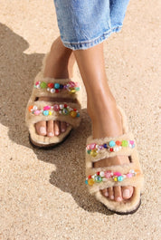 Mimi Candy shearling sandals worn pair — shearling double-strap slides with hand-applied multicolour bead and pearl embellishments, Alameda Turquesa Portugal