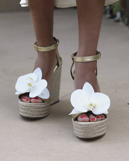 Handmade Alice Gold Flower Wedges with luxury white floral design, perfect for special occasions