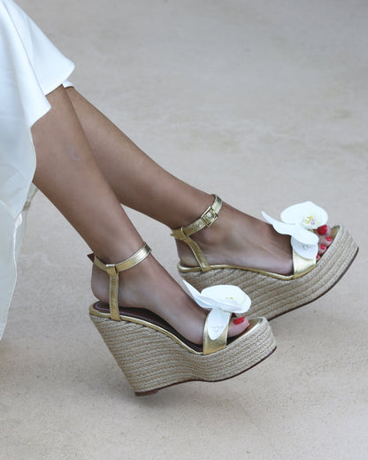 Handmade Alice Gold Flower Wedges with luxury white floral design, perfect for special occasions