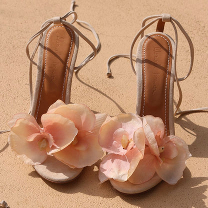 Clarissa Flower Heels – Suede heels with soft pink flower embellishments, showcasing elegant design and luxury craftsmanship